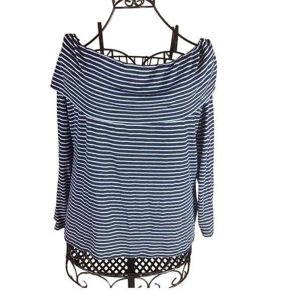 Lucky Brand Off-Shoulder Navy Stripe Long Sleeve Top XL NWT - Picture 2 of 9